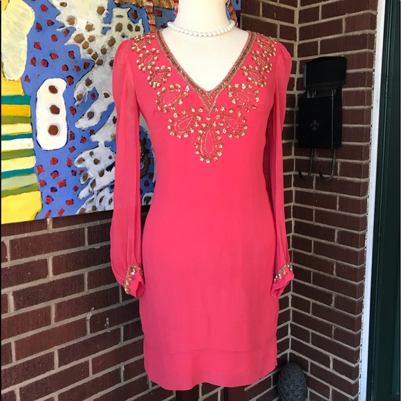 French Connection Sequined Coral Silk Shift Dress - Picture 5 of 8